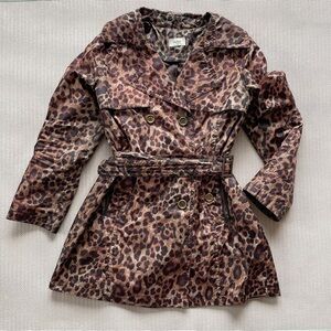 Neiman Marcus Brown Leopard Print Fitted Belted Rain Jacket Trenchcoat